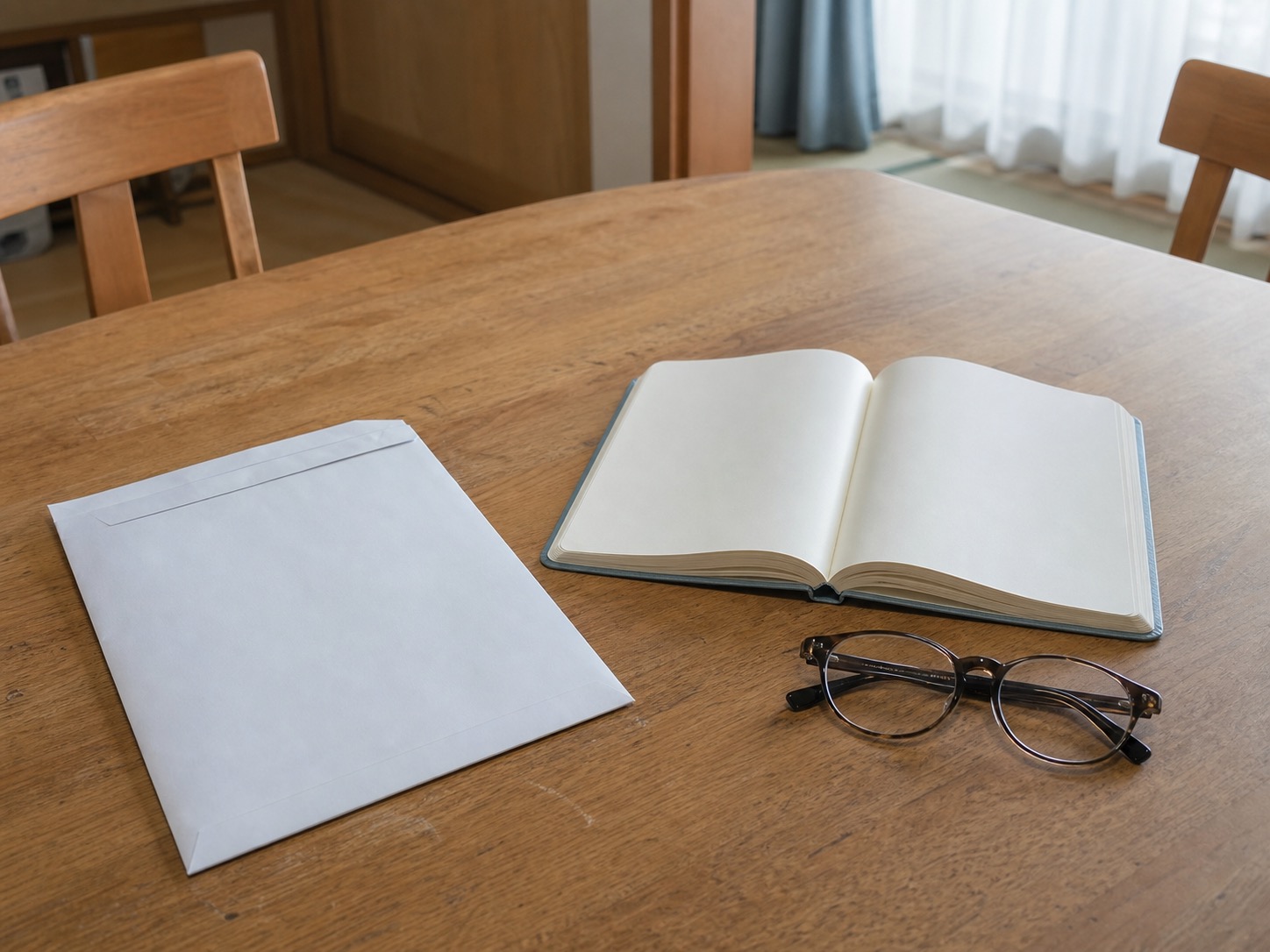 届いた封書と手帳、老眼鏡が置かれた食卓のイメージ写真