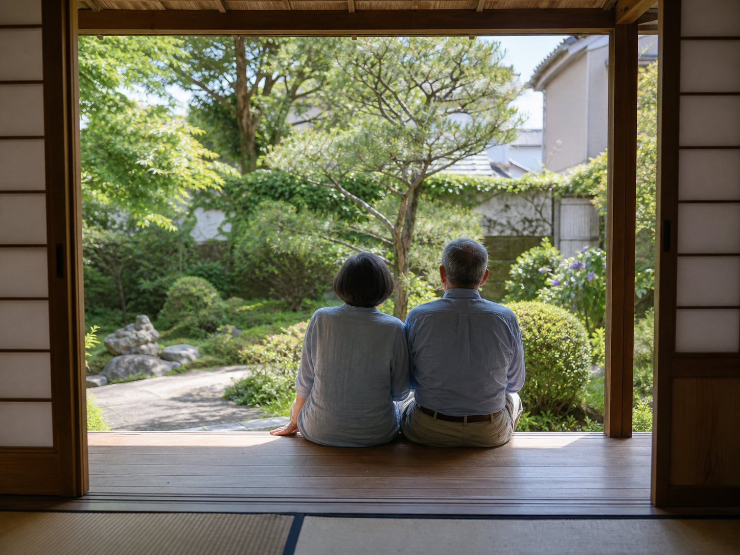 縁側から庭を眺める年配のご夫婦の後ろ姿のイメージ写真